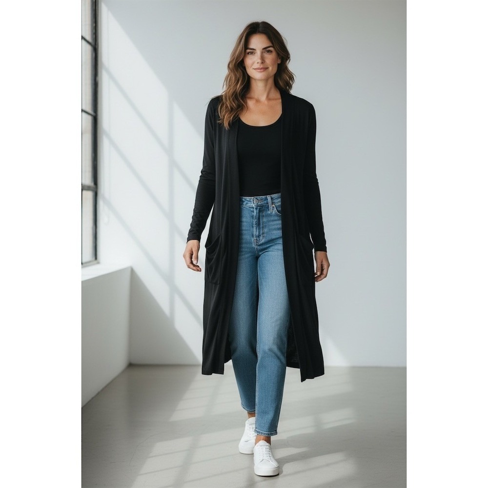 Eileen Fisher Womens Black Jersey Knit Longline Open Front‎ Cardigan Pocket L/G
